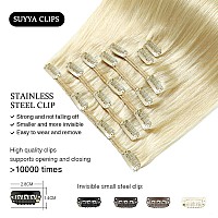 Suyya Clip In Hair Extensions Real Human Hair 16 Inch 120G 7Pcs Platinum Blonde Hair Extensions Real Human Hair Silky Straight H