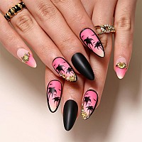 Gold Stereoscopic Shell Press On Nails Long Almond Fake Nails Black Coconut Tree Seagull False Nails Pink Gradient Matte Artific