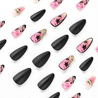 Gold Stereoscopic Shell Press On Nails Long Almond Fake Nails Black Coconut Tree Seagull False Nails Pink Gradient Matte Artific