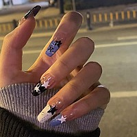 Star Press On Nails Black White Purple French Tip Fake Nails Rhinestones Design Long Coffin Shape Artificial False Nails Glossy