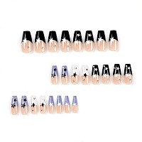 Star Press On Nails Black White Purple French Tip Fake Nails Rhinestones Design Long Coffin Shape Artificial False Nails Glossy