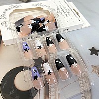 Star Press On Nails Black White Purple French Tip Fake Nails Rhinestones Design Long Coffin Shape Artificial False Nails Glossy