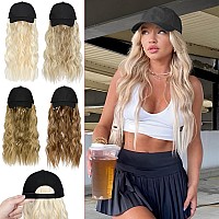 Qlenkay Baseball Hat Wig 24In Long Curly Wavy Extensions Synthetic Hairpiece Adjustable Cap Attached 2B Wave Hair For Women Blea