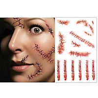 Horror Realistic Fake Bloody Wound Stitch Scar Scab Waterproof Temporary Tattoo Sticker Halloween Masquerade Prank Makeup Props