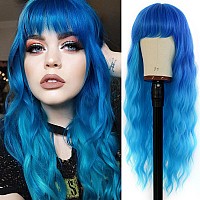 Evlynn Blue Wig With Bangs Long Wavy Ombre Blue Wigs For Women Loose Wave Blue Heat Resistant Synthetic Wig Blue Curly Wig For D