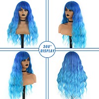 Evlynn Blue Wig With Bangs Long Wavy Ombre Blue Wigs For Women Loose Wave Blue Heat Resistant Synthetic Wig Blue Curly Wig For D