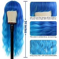 Evlynn Blue Wig With Bangs Long Wavy Ombre Blue Wigs For Women Loose Wave Blue Heat Resistant Synthetic Wig Blue Curly Wig For D