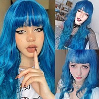 Evlynn Blue Wig With Bangs Long Wavy Ombre Blue Wigs For Women Loose Wave Blue Heat Resistant Synthetic Wig Blue Curly Wig For D