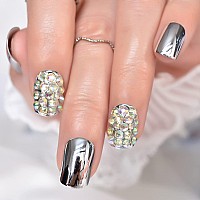 Echiq Silver Square Short Press On False Nails Silver Premium 3D Diamonds Mirror Reflective Stick On Nails With Metallic Texture