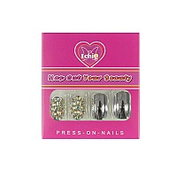 Echiq Silver Square Short Press On False Nails Silver Premium 3D Diamonds Mirror Reflective Stick On Nails With Metallic Texture