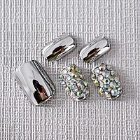 Echiq Silver Square Short Press On False Nails Silver Premium 3D Diamonds Mirror Reflective Stick On Nails With Metallic Texture