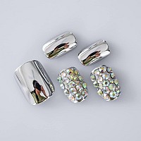 Echiq Silver Square Short Press On False Nails Silver Premium 3D Diamonds Mirror Reflective Stick On Nails With Metallic Texture