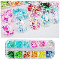 Addfavor 4 Boxes Nail Glitter Holographic Maple Chunky Glitter Flakes Mixed Shaped Flower Heart Star Iridescent Nail Sequins Dec