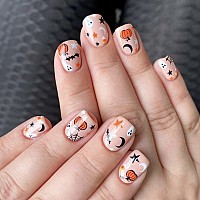 24Pcs Halloween Press On Nails Short Fake Nails Nude Pink Square Acrylic Nails Cute Ghost Full Cover Stick On Nails With Pumpkin