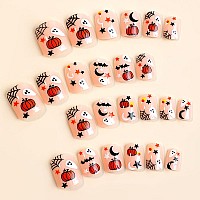 24Pcs Halloween Press On Nails Short Fake Nails Nude Pink Square Acrylic Nails Cute Ghost Full Cover Stick On Nails With Pumpkin