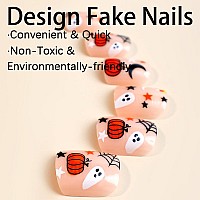 24Pcs Halloween Press On Nails Short Fake Nails Nude Pink Square Acrylic Nails Cute Ghost Full Cover Stick On Nails With Pumpkin