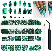 2680Pcs Emerald Green Nail Rhinestones 120Pcs Big Glass Green Diamond Nails Gem Stones With Bling Flatback Round Beads Clear N