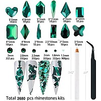 2680Pcs Emerald Green Nail Rhinestones 120Pcs Big Glass Green Diamond Nails Gem Stones With Bling Flatback Round Beads Clear N