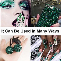 2680Pcs Emerald Green Nail Rhinestones 120Pcs Big Glass Green Diamond Nails Gem Stones With Bling Flatback Round Beads Clear N