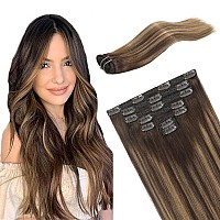 Fubili Clip In Hair Extensions Balayage Chocolate Brown To Caramel Blonde Real Human Hair Extensions 20 Inch 7Pcs 120G Remy Hair