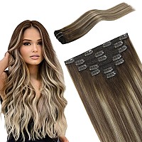 Fubili Hair Extensions Clip In Human Hair 16Inch Clip In Hair Extensions Balayage Walnut Brown To Ash Brown Mix Light Blonde Omb