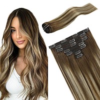 Fubili Clip In Hair Extensions Chestnut Brown Balayage To Platinum Blonde Mix Brown Real Human Hair Medium Brown Ombre Hair Exte