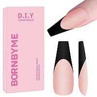 French Tips Gel Nail Tips Bornbyme Long Coffin Black French Tip Nails 120Pcs Matte Press On Nails Primer Base Coat 3 Gels Pr