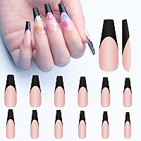 French Tips Gel Nail Tips Bornbyme Long Coffin Black French Tip Nails 120Pcs Matte Press On Nails Primer Base Coat 3 Gels Pr