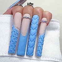 Foccna Blue Press On Nails Extra Long Acrylic Fake Nails French Square False Nails Matteartificial Nails Love Design For Women