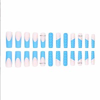 Foccna Blue Press On Nails Extra Long Acrylic Fake Nails French Square False Nails Matteartificial Nails Love Design For Women