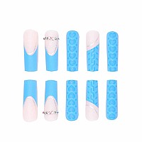 Foccna Blue Press On Nails Extra Long Acrylic Fake Nails French Square False Nails Matteartificial Nails Love Design For Women