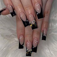 Foccna Black Press On Nails Long Extra Long Clear Fake Nails Square Acrylic False Nails Frenchartificial Nails For Women And G