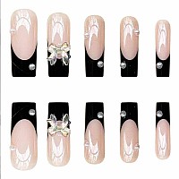 Foccna Black Press On Nails Long Extra Long Clear Fake Nails Square Acrylic False Nails Frenchartificial Nails For Women And G