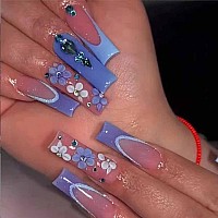 Foccna Long Blue Fake Nails Square French Press On Nails Flower Design Bling Glossy Rhinestone False Nail Tips Artificial Nails