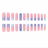 Foccna Long Blue Fake Nails Square French Press On Nails Flower Design Bling Glossy Rhinestone False Nail Tips Artificial Nails