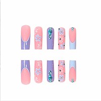 Foccna Long Blue Fake Nails Square French Press On Nails Flower Design Bling Glossy Rhinestone False Nail Tips Artificial Nails