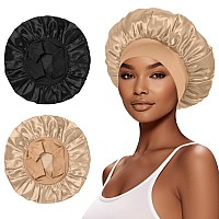 2Pcs Satin Bonnet For Sleeping Silk Hair Wrap For Curly Hair With Elastic Wide Band Black Satin Bonnet For Women Selalu Black