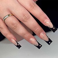 Foccna Black Press On Nails Artificail Extra Longsquare Fake Nails Black With French Acrylic Full Cover Long Fake Nails With De