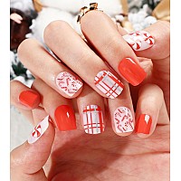 Morily Christmas Press On Nails Short Square Red White False Nails With Candy Cane Plaid Stripe Design 24Pcs Cute New Year F