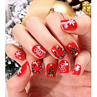 Morily Handmade Christmas Press On Nails Short Square 24Pcs Red False Nails With Snowman Snowflake Design 3D Rhinestones Chr