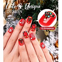 Morily Handmade Christmas Press On Nails Short Square 24Pcs Red False Nails With Snowman Snowflake Design 3D Rhinestones Chr