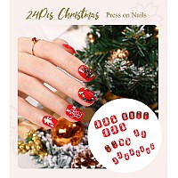 Morily Handmade Christmas Press On Nails Short Square 24Pcs Red False Nails With Snowman Snowflake Design 3D Rhinestones Chr