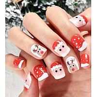 Morily 24Pcs Press On Nails Short White Red French Tip Christmas Fake Nails Square Shaped False Nails With Santa Claus Reind