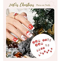 Morily 24Pcs Press On Nails Short White Red French Tip Christmas Fake Nails Square Shaped False Nails With Santa Claus Reind