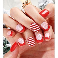 Morily Red Christmas Press On Nails Short Square False Nails With Snowflake Glitter Candy Cane Stripe Designs Pink French Ti