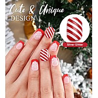 Morily Red Christmas Press On Nails Short Square False Nails With Snowflake Glitter Candy Cane Stripe Designs Pink French Ti