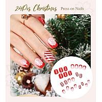 Morily Red Christmas Press On Nails Short Square False Nails With Snowflake Glitter Candy Cane Stripe Designs Pink French Ti