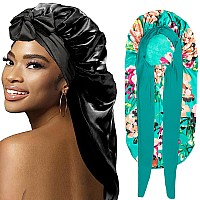 2Pcs Bonnets For Black Women Braid Bonnet Large Long Satin Bonnet For Braids Silk Bonnet With Stretchy Tie Band Sleep Cap Hair