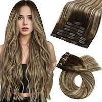 Moresoo Hair Extensions Clip Ins Dark Brown Balayage Clip In Hair Extensions Ombre Medium Brown To Bleach Blonde Natural Human H