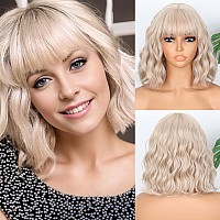 Missqueen Blonde Wig Wavy Short Bob Blond Wigs With Air Bangs Shoulder Length Drity Blonde Wigs For Women Wavy Synthetic Cosplay